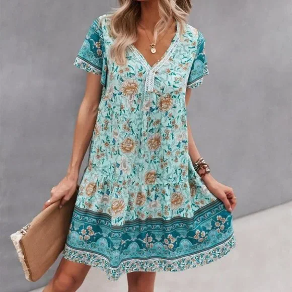 Blue multi print Floral Smock Dress - Picture 1 of 6